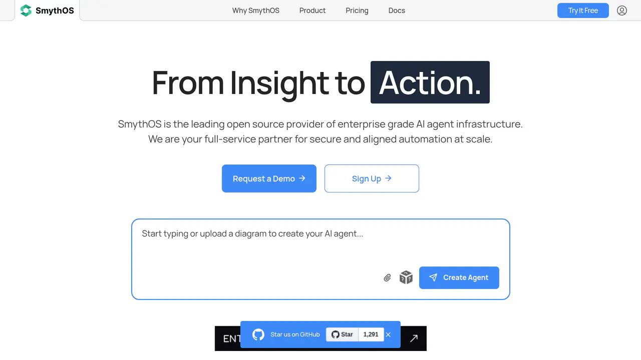 Homepage preview of SmythOS, captured Aug 19, 2026