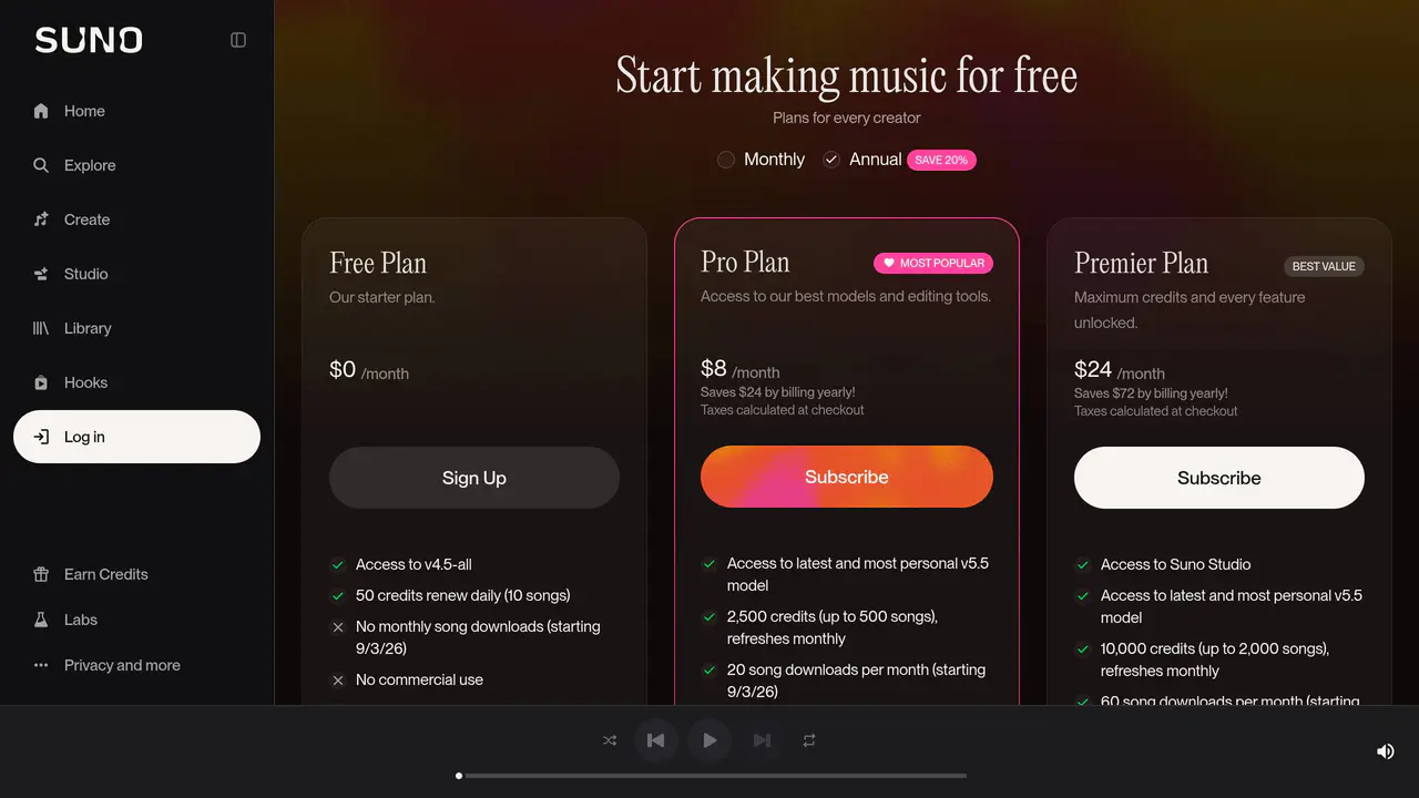 Pricing-page preview of Suno AI, captured Aug 16, 2026