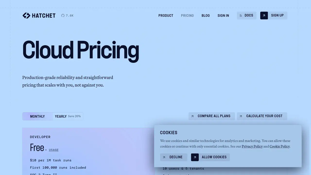 Pricing-page preview of Hatchet, captured Jul 23, 2026