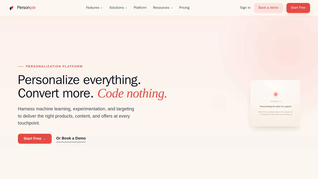 Homepage preview of Personyze, captured Jul 24, 2026