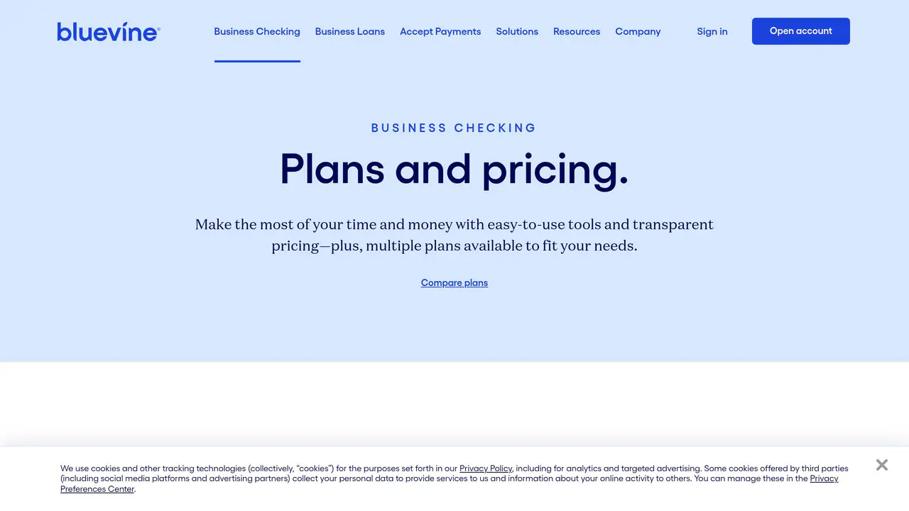 Pricing-page preview of Bluevine, captured Sep 15, 2026