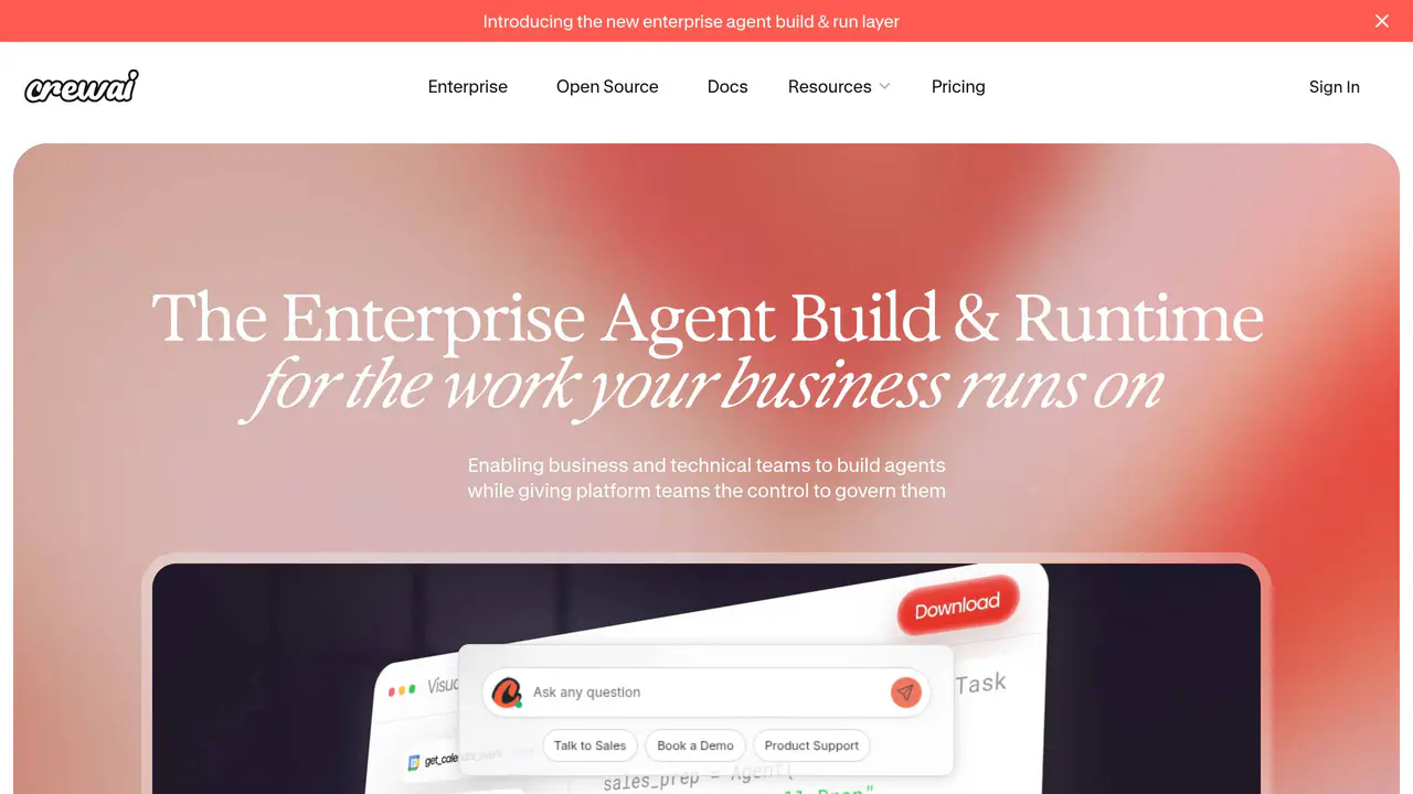 Homepage preview of CrewAI, captured Sep 16, 2026