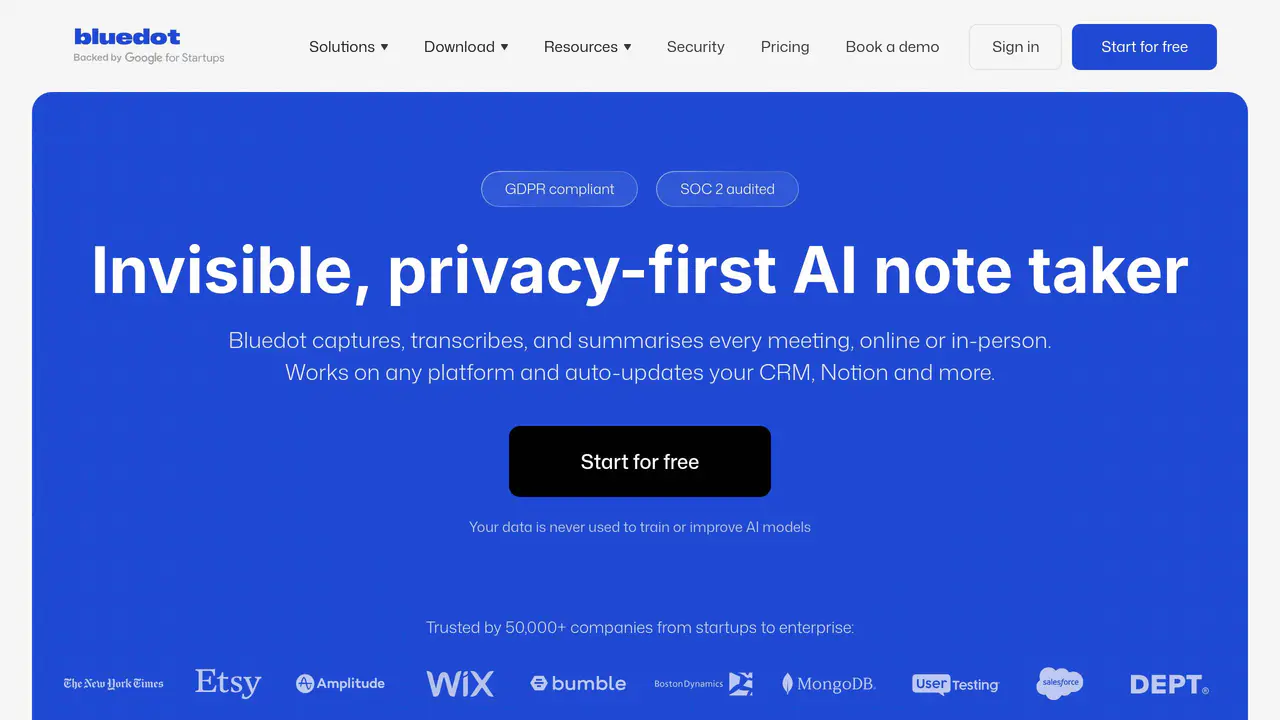 Homepage preview of Bluedot, captured Jul 24, 2026