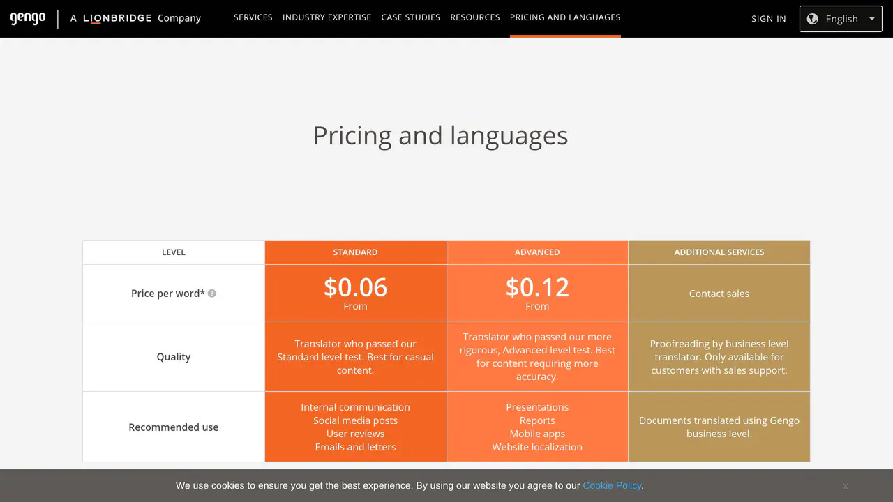 Pricing-page preview of Gengo, captured Aug 23, 2026