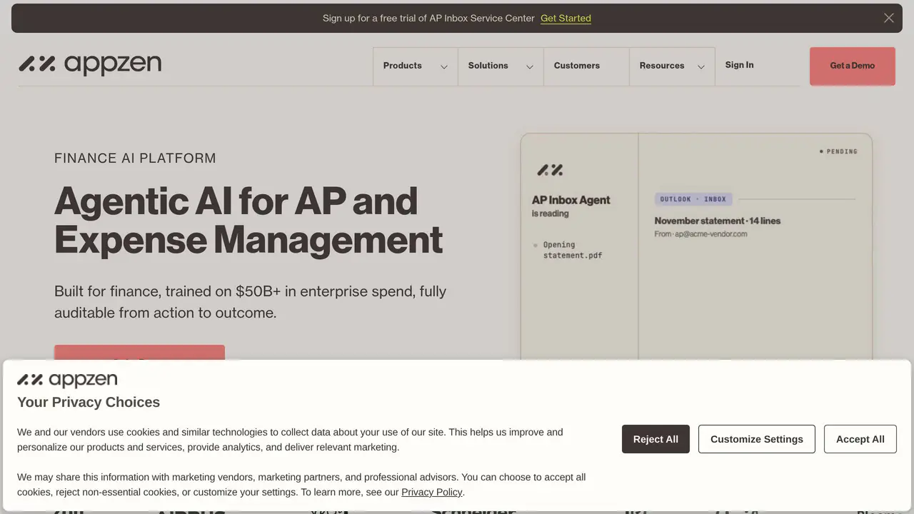 Homepage preview of AppZen, captured Jul 24, 2026