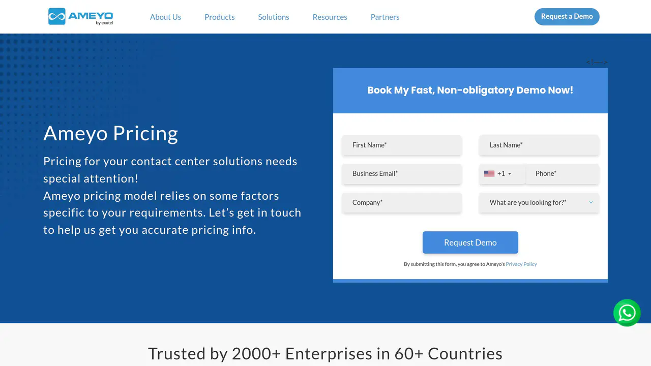 Pricing-page preview of Ameyo, captured Jul 24, 2026