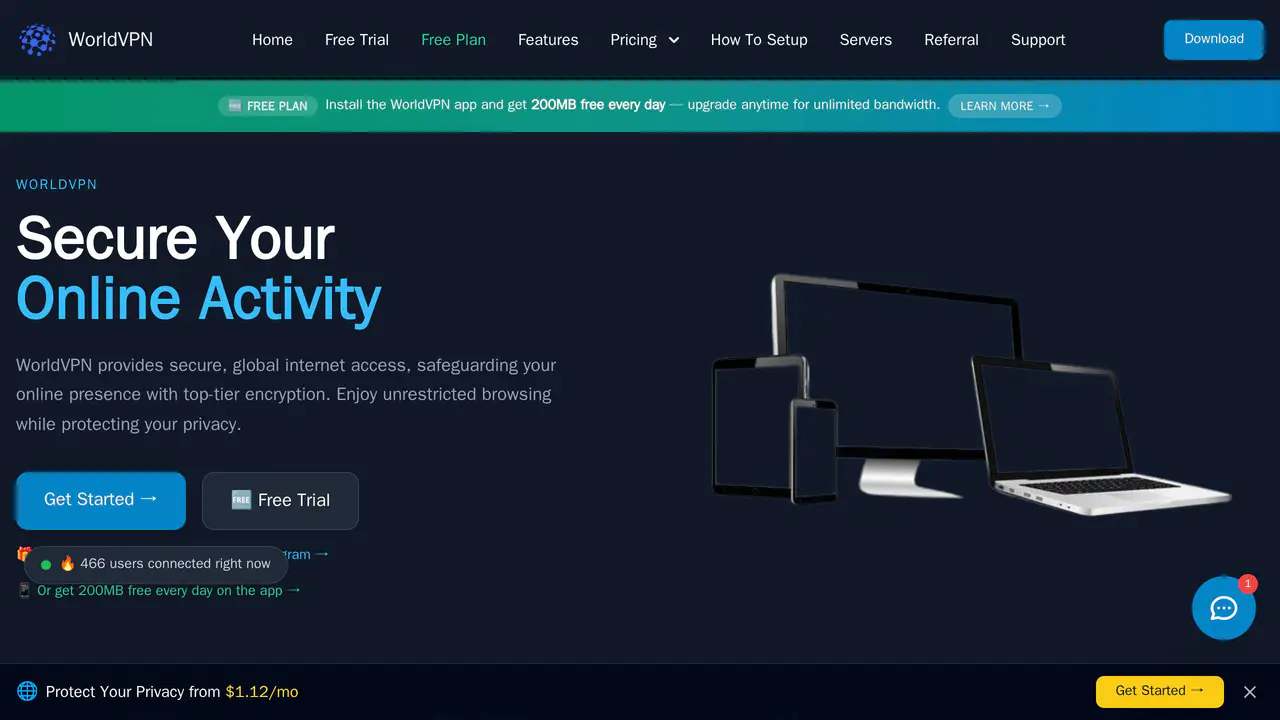 Homepage preview of WorldVPN, captured Aug 20, 2026
