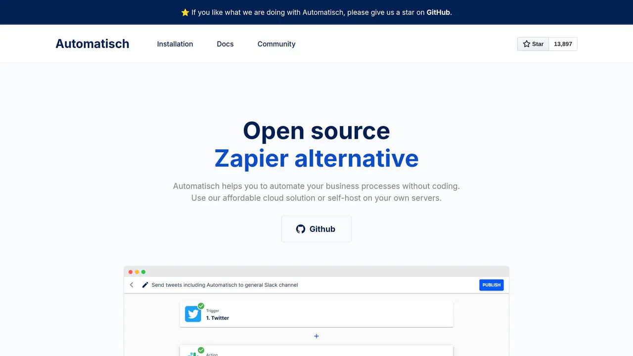 Homepage preview of Automatisch, captured Jul 23, 2026