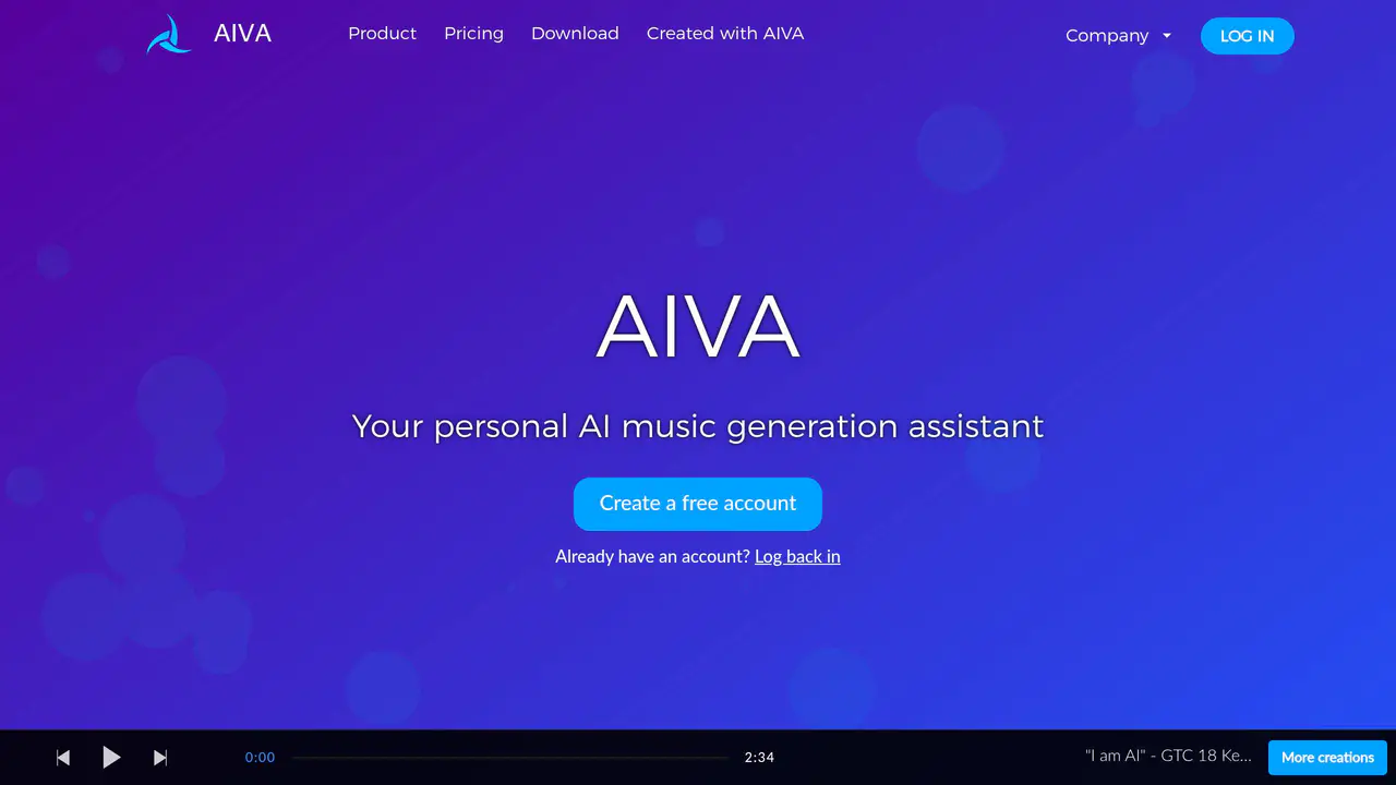 Homepage preview of AIVA, captured Aug 4, 2026