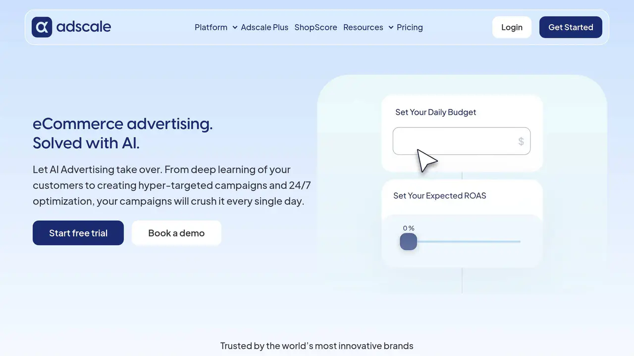 Homepage preview of AdScale, captured Aug 31, 2026
