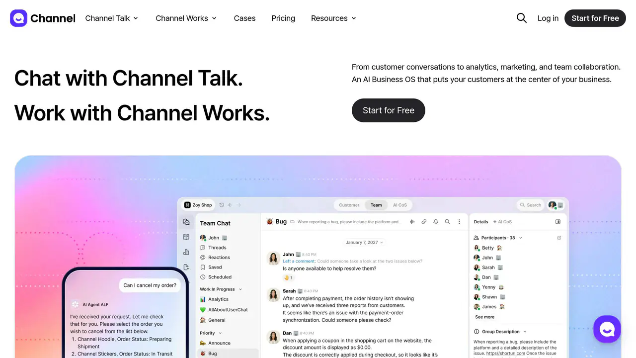 Homepage preview of Channel Talk, captured Aug 6, 2026