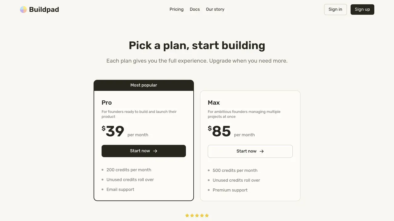 Pricing-page preview of Buildpad, captured Aug 23, 2026
