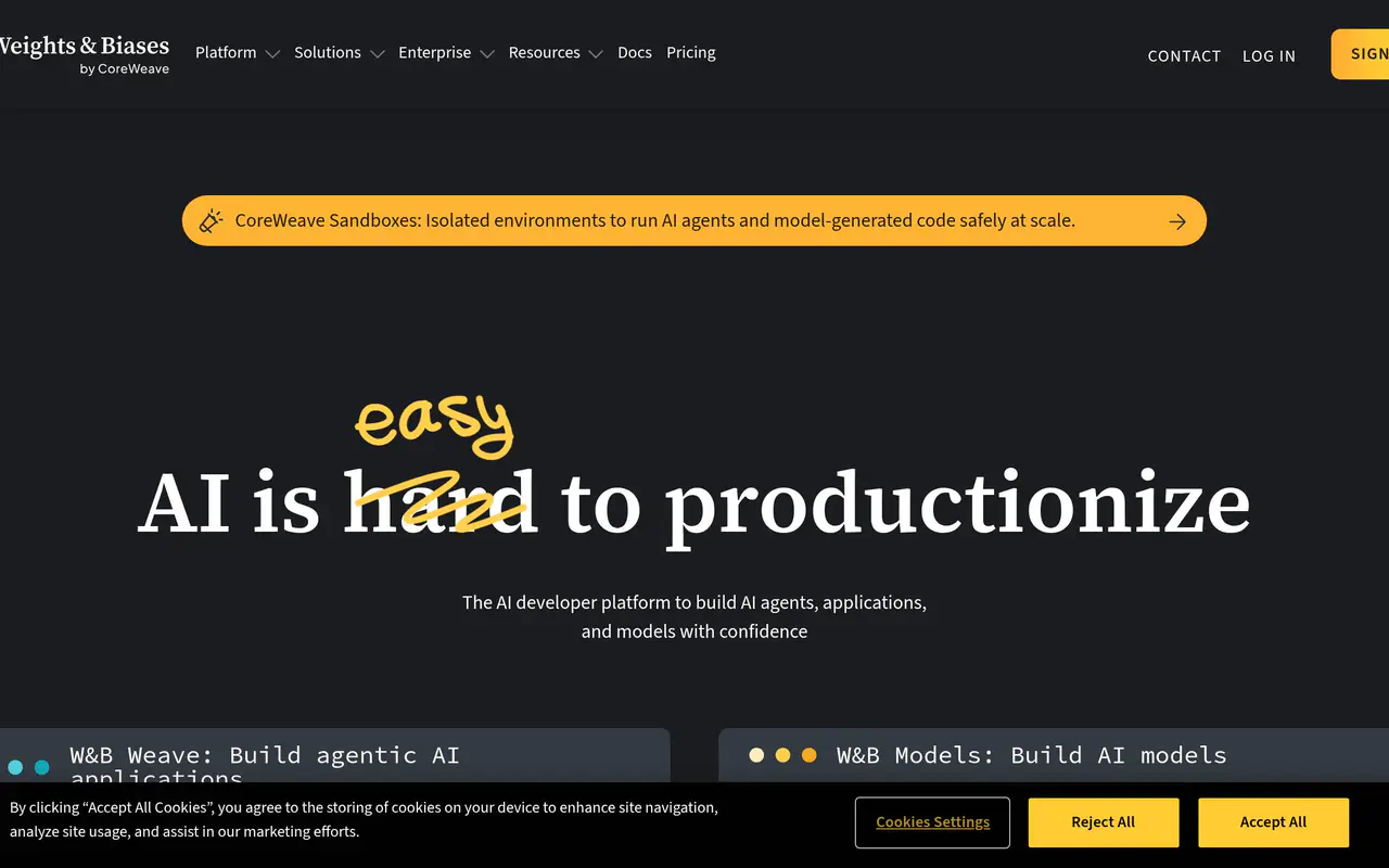 Homepage preview of Weights & Biases, captured Jul 22, 2026