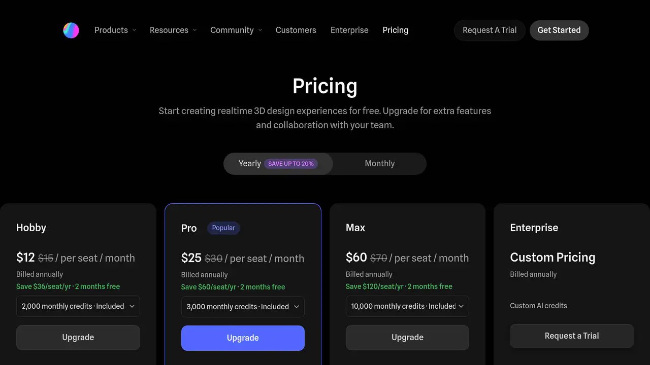 Pricing-page preview of Spline, captured Sep 8, 2026
