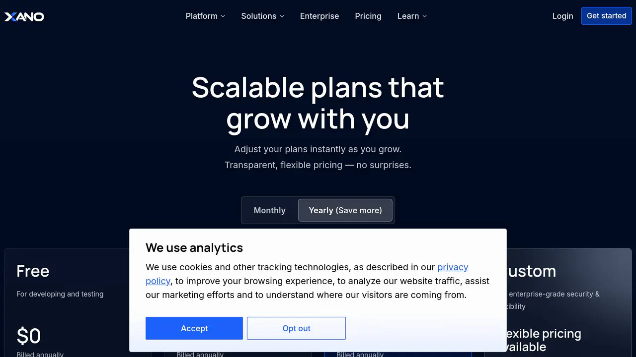 Pricing-page preview of Xano, captured Sep 15, 2026