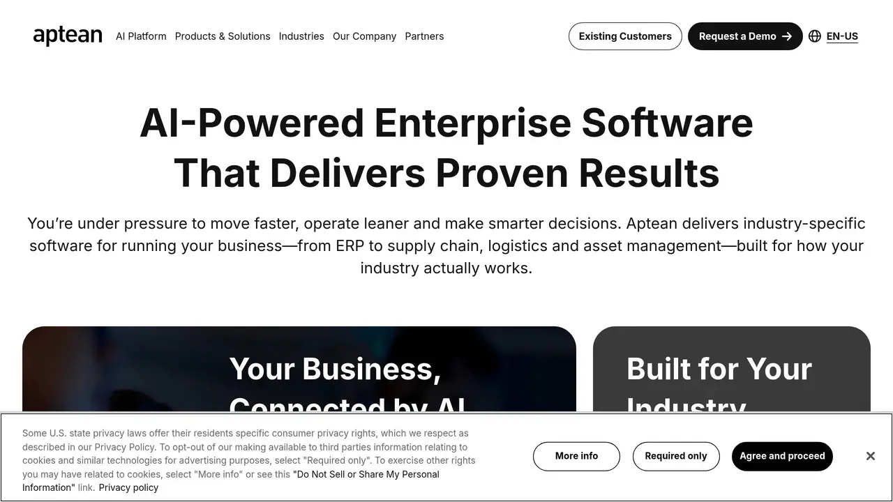 Homepage preview of Aptean, captured Aug 1, 2026