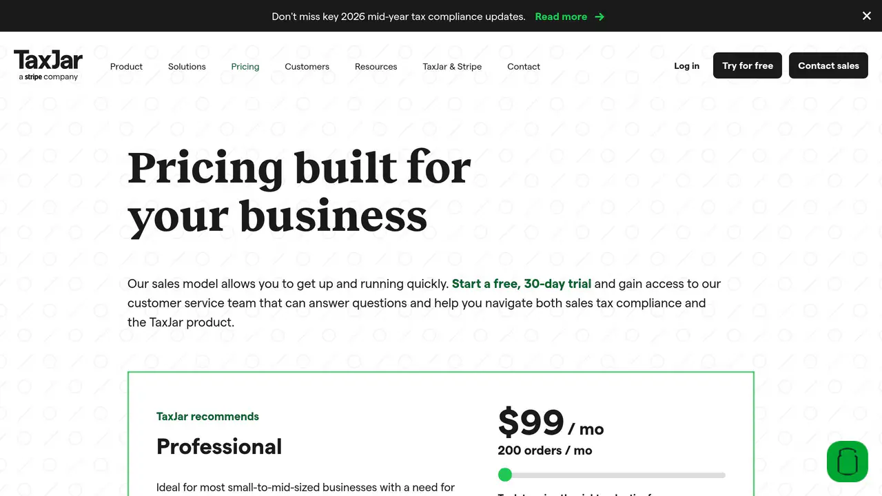 Pricing-page preview of TaxJar, captured Jul 23, 2026