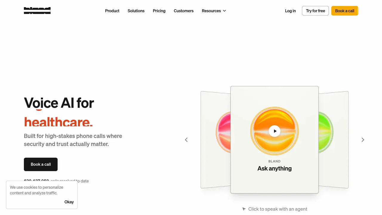 Homepage preview of Bland AI, captured Aug 29, 2026