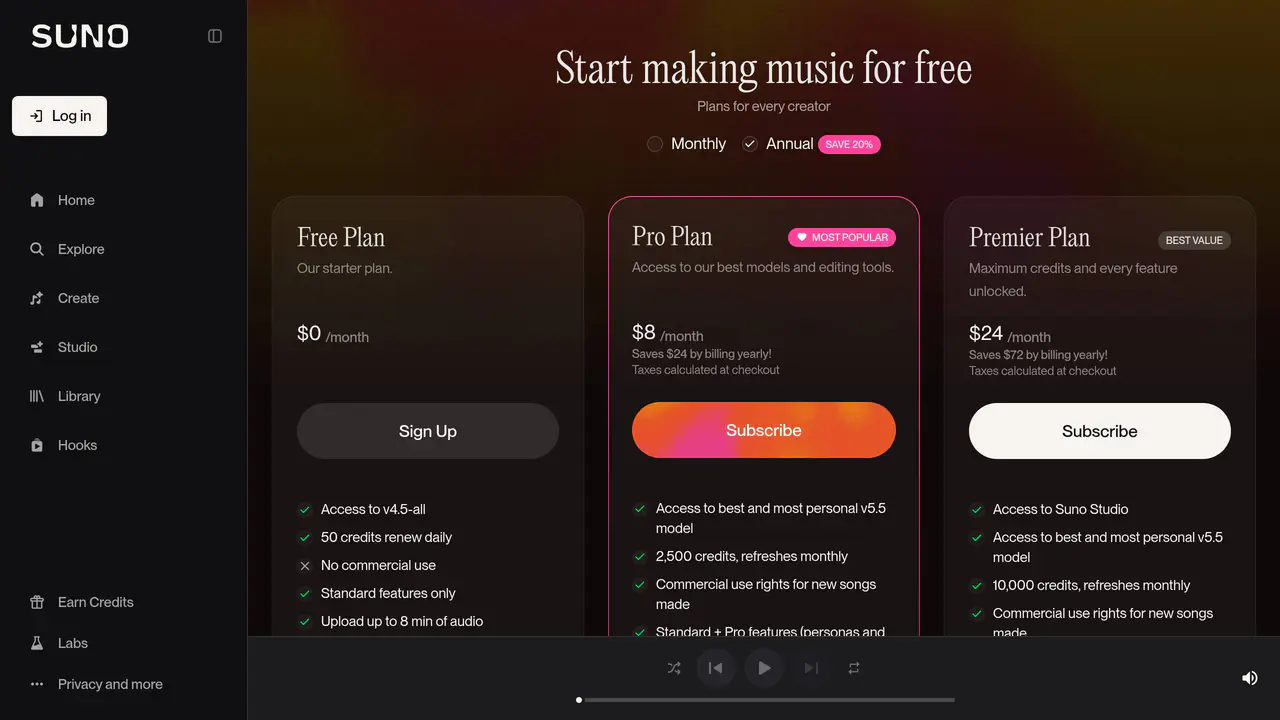 Pricing-page preview of Suno AI, captured Jul 24, 2026
