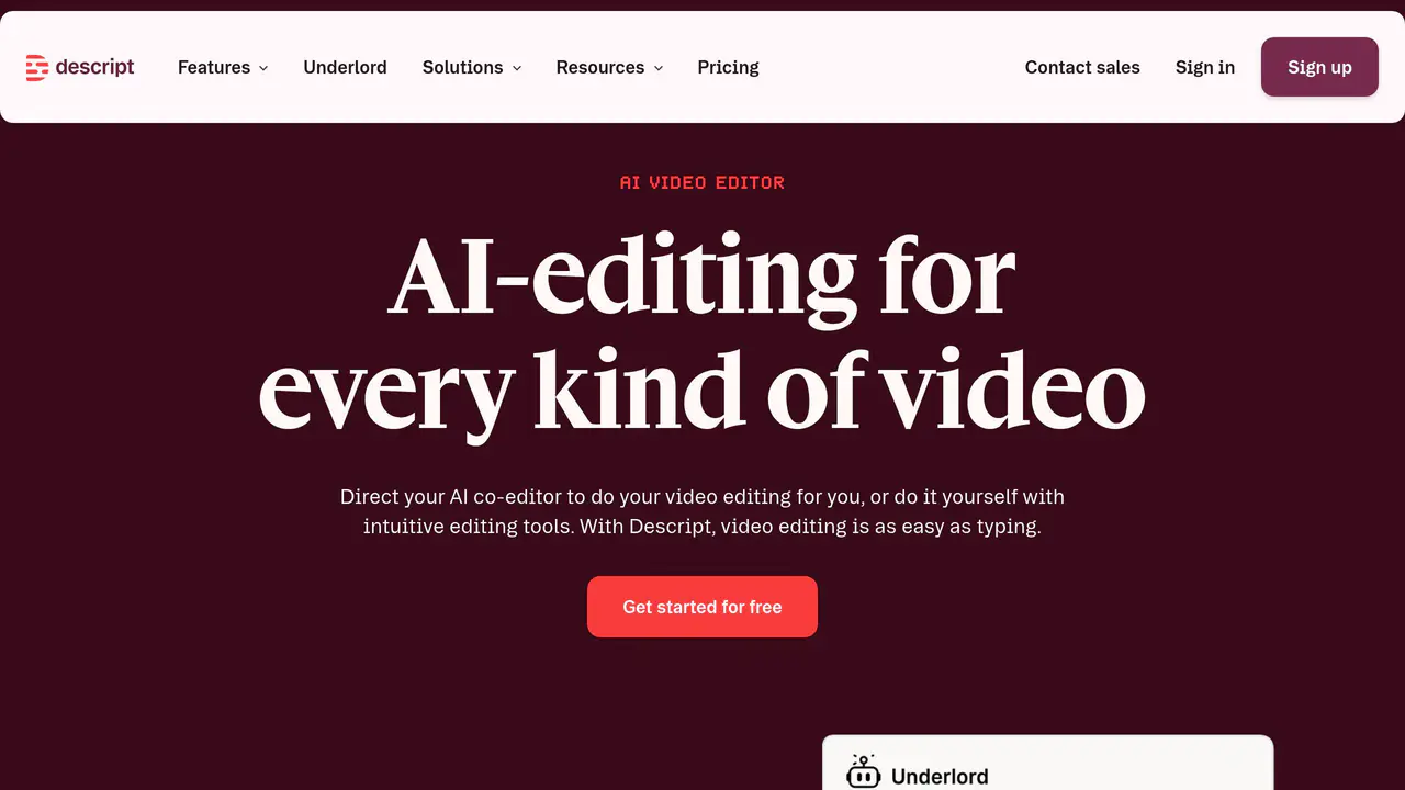 Homepage preview of Descript, captured Aug 28, 2026