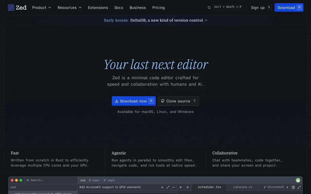 Homepage preview of Zed, captured Jul 22, 2026