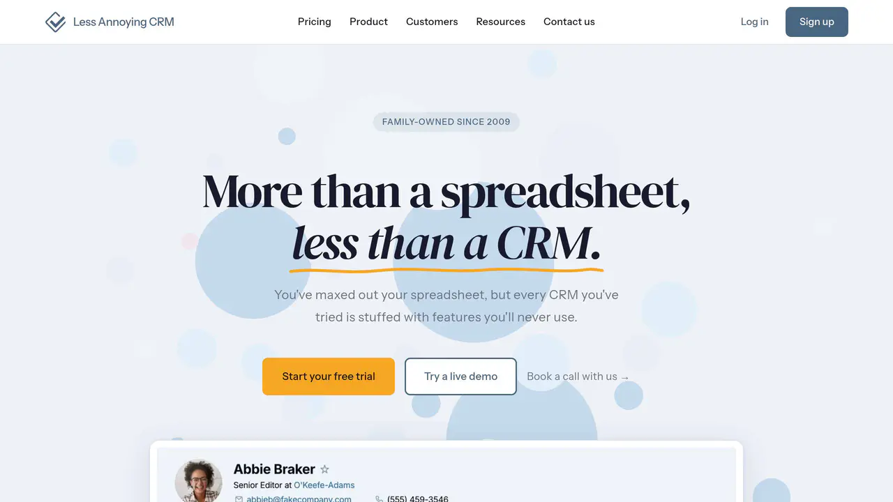 Homepage preview of Less Annoying CRM, captured Jul 30, 2026