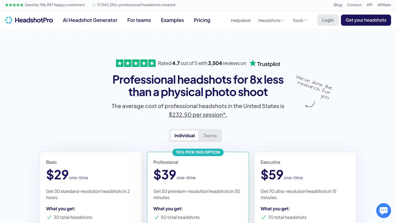 Pricing-page preview of HeadshotPro, captured Jul 23, 2026