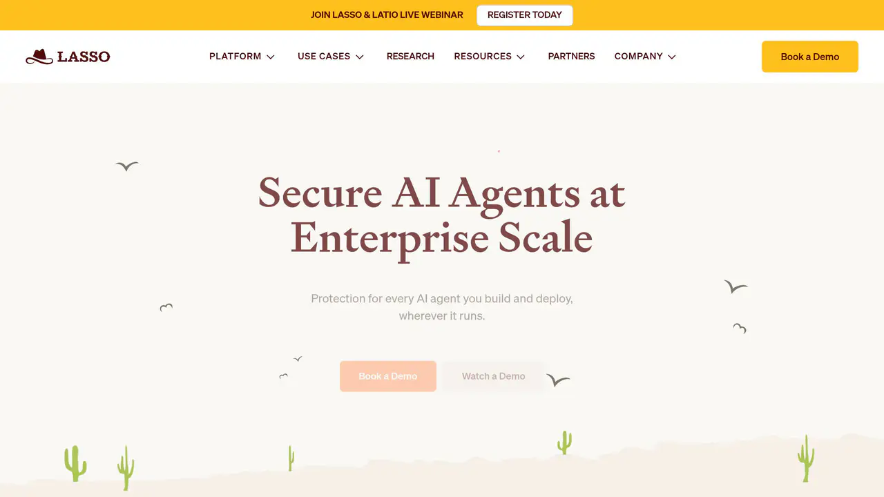Homepage preview of Lasso Security, captured Aug 27, 2026