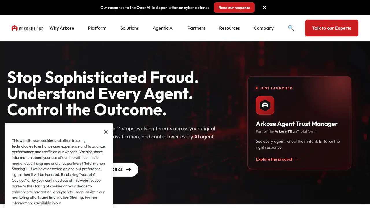 Homepage preview of Arkose Labs, captured Aug 30, 2026