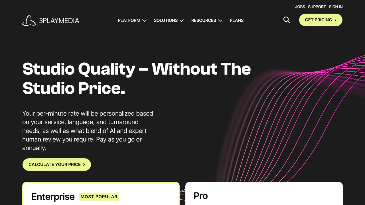 Pricing-page preview of 3Play Media, captured Aug 23, 2026