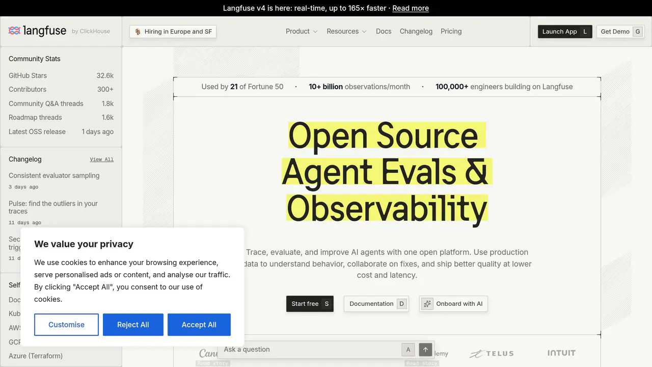 Homepage preview of Langfuse, captured Aug 7, 2026
