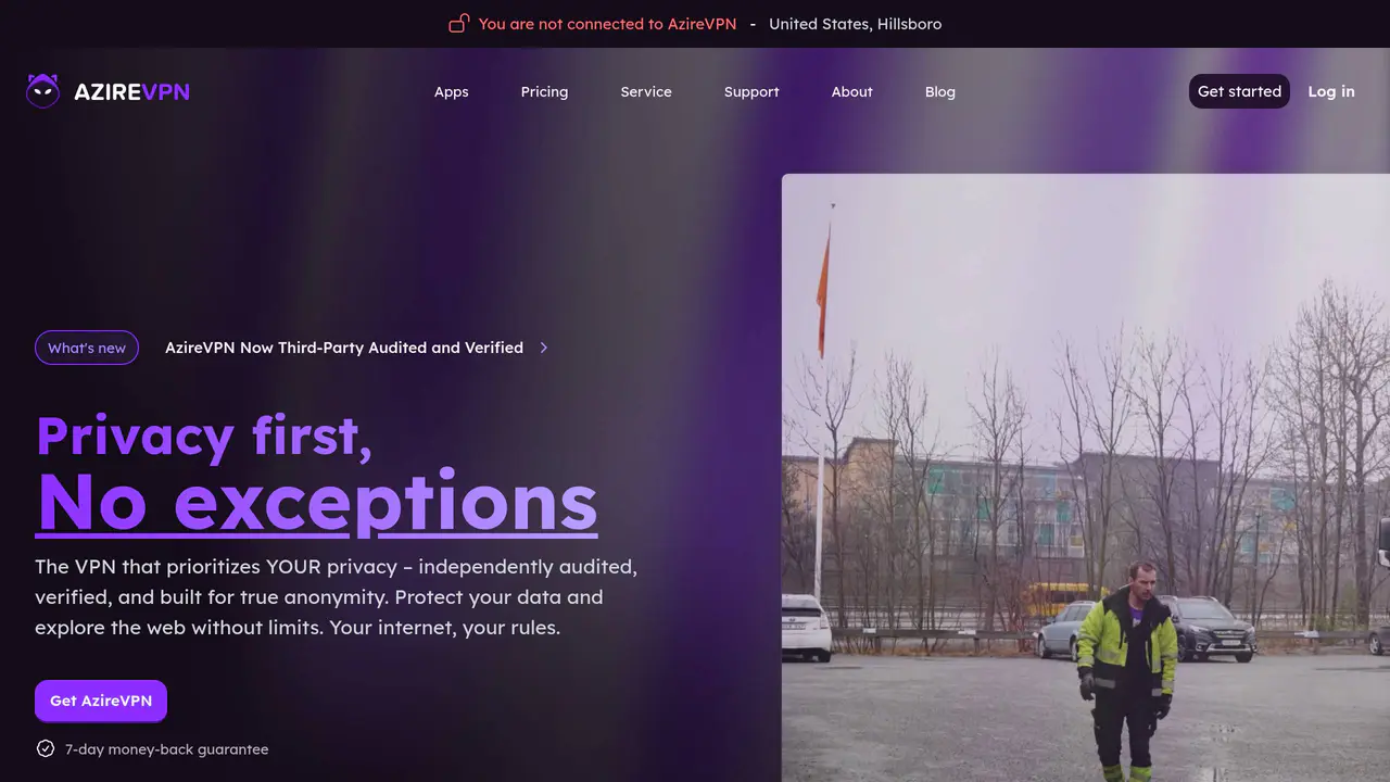 Homepage preview of AzireVPN, captured Jul 26, 2026