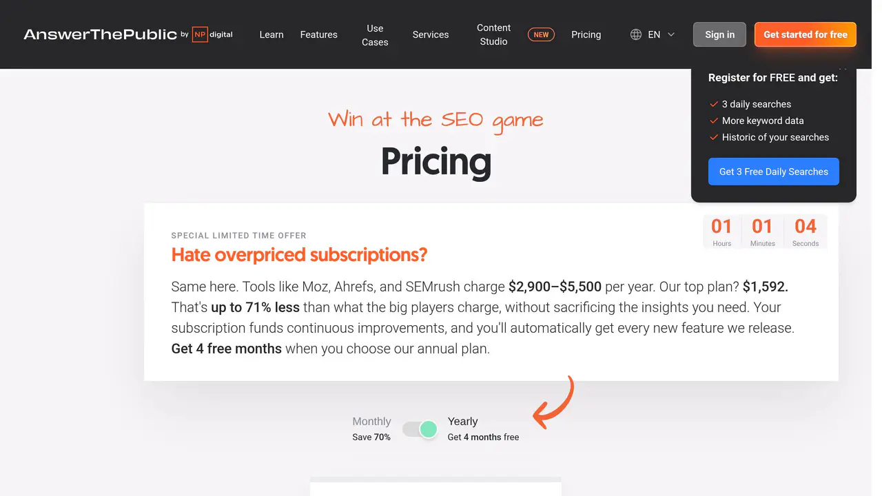 Pricing-page preview of AnswerThePublic, captured Aug 12, 2026