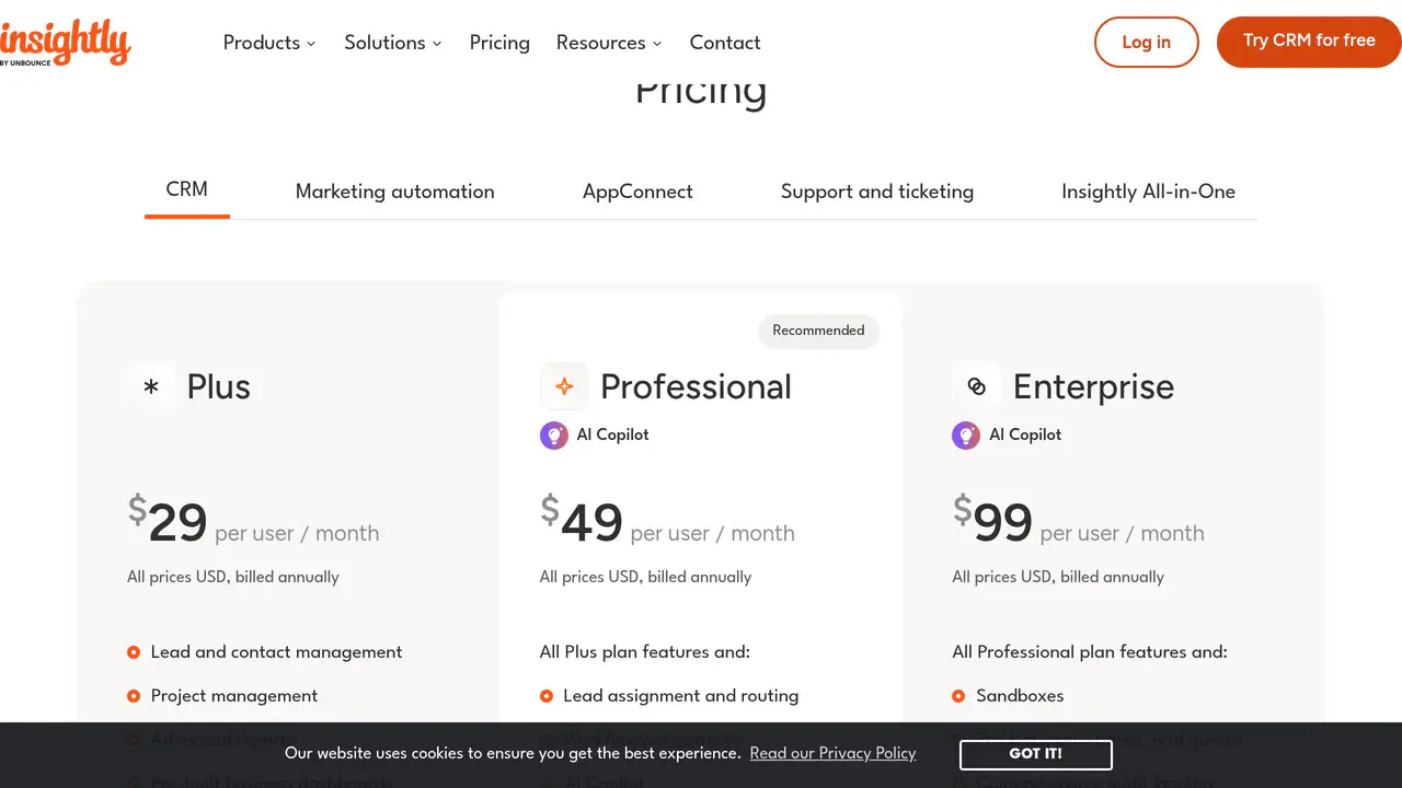 Pricing-page preview of Insightly, captured Jul 23, 2026
