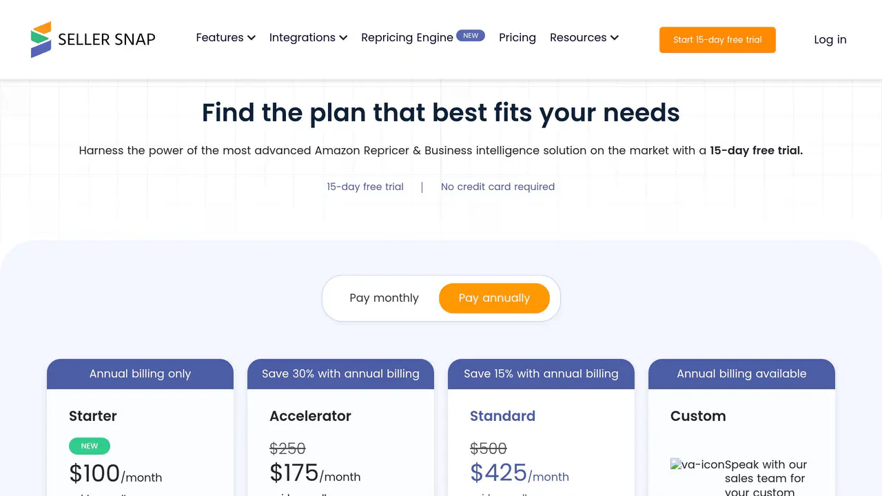 Pricing-page preview of Seller Snap, captured Aug 23, 2026