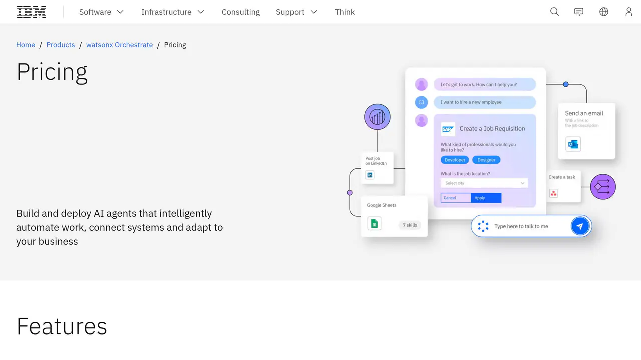 Pricing-page preview of IBM Watson Assistant, captured Jul 23, 2026