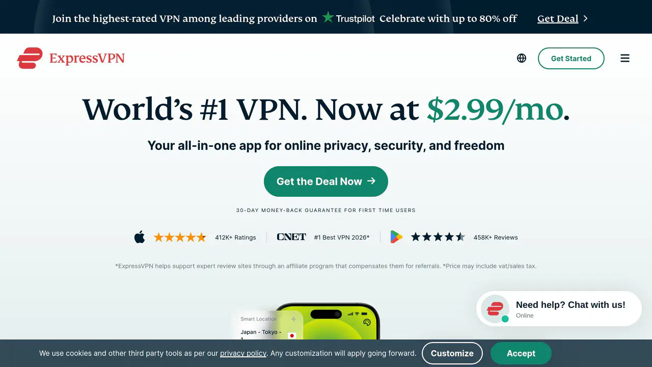Homepage preview of ExpressVPN, captured Aug 31, 2026