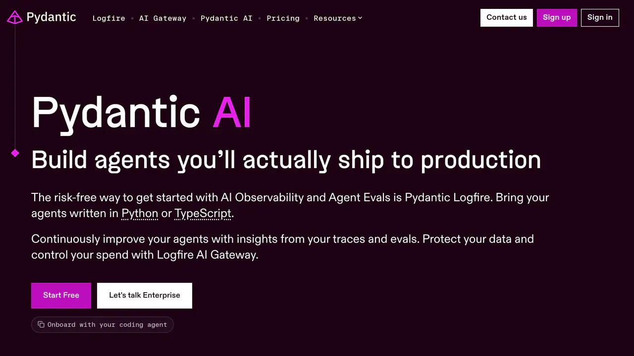 Homepage preview of Pydantic AI, captured Aug 3, 2026