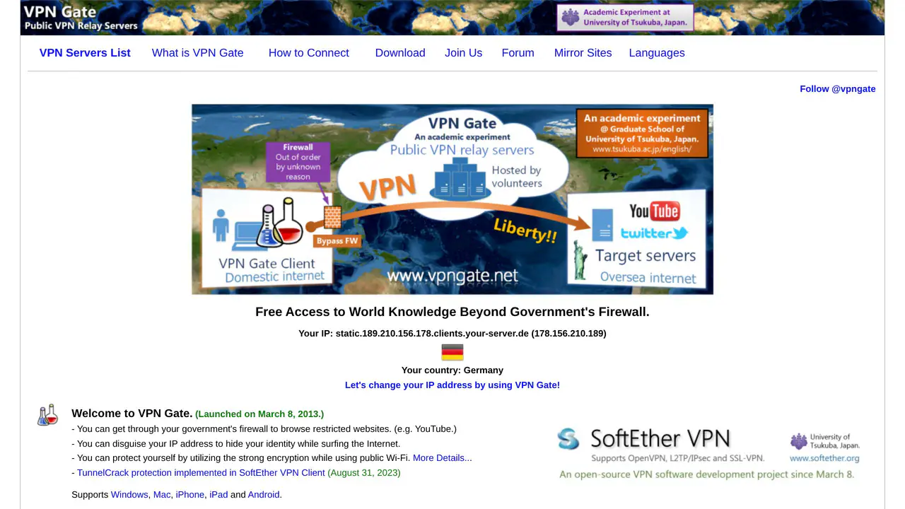 Homepage preview of VPN Gate, captured Jul 28, 2026