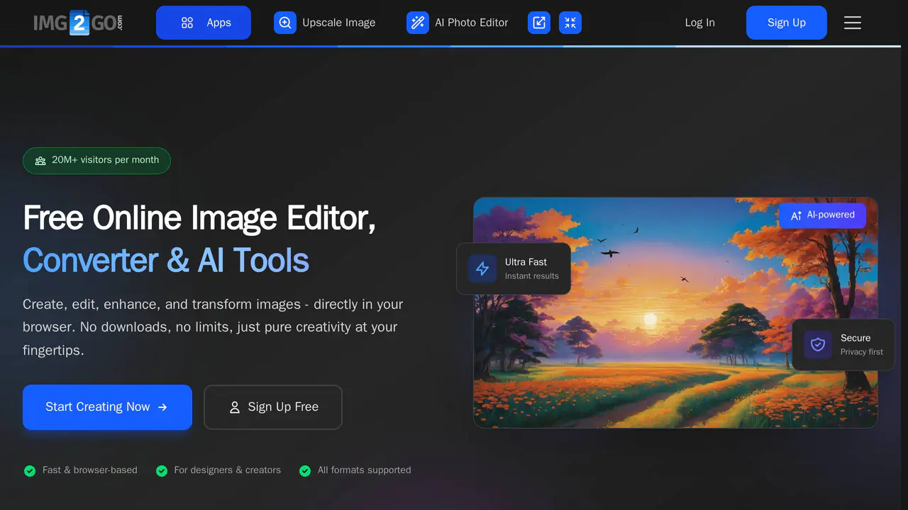 Homepage preview of Img2Go, captured Jul 23, 2026