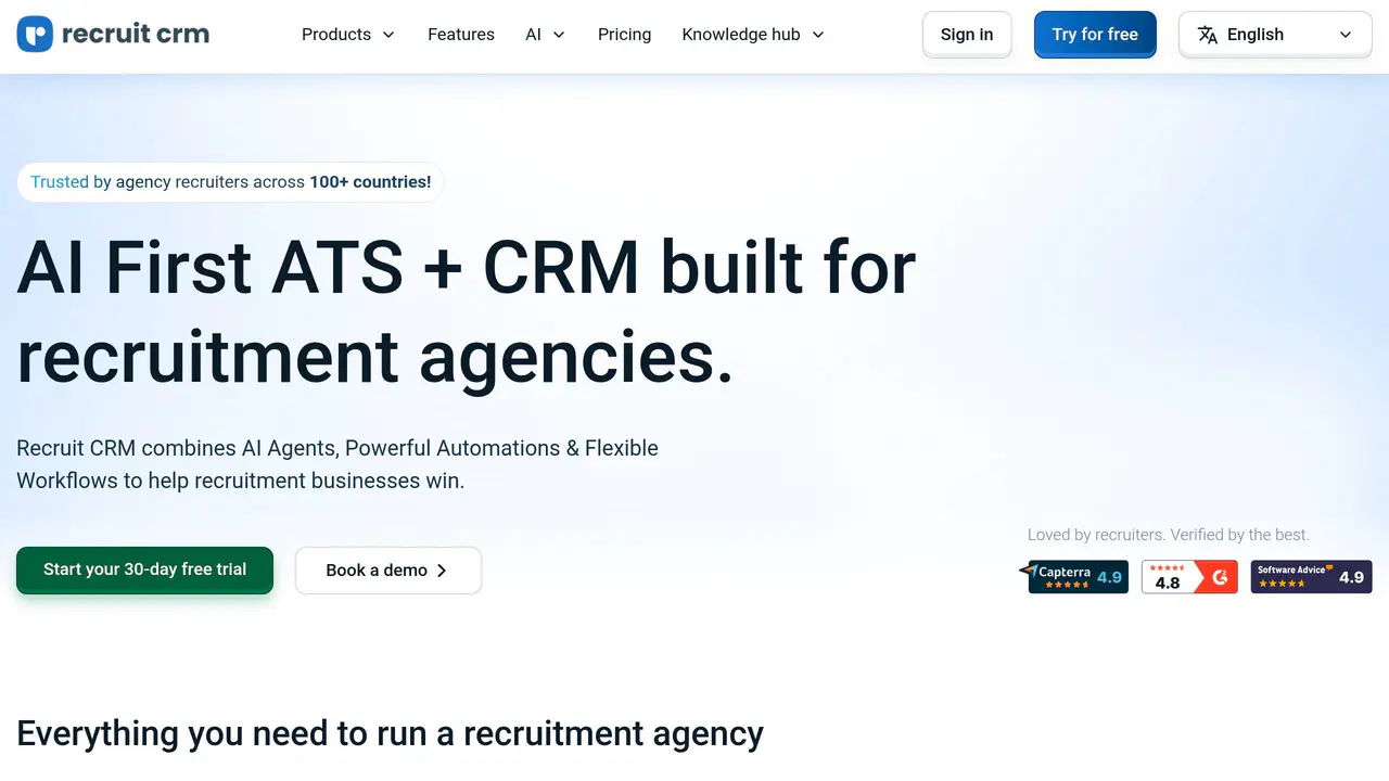 Homepage preview of Recruit CRM, captured Jul 29, 2026