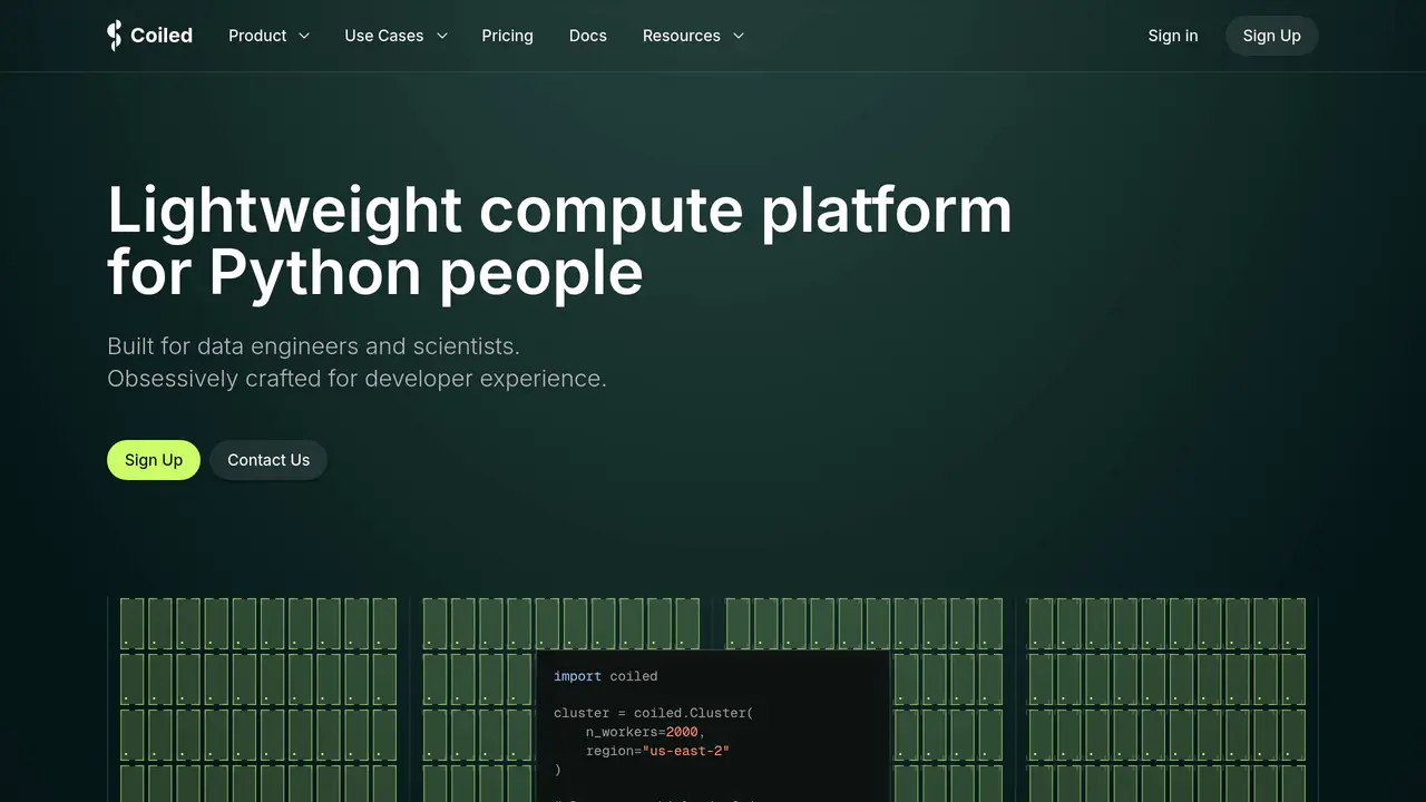 Homepage preview of Coiled, captured Jul 31, 2026