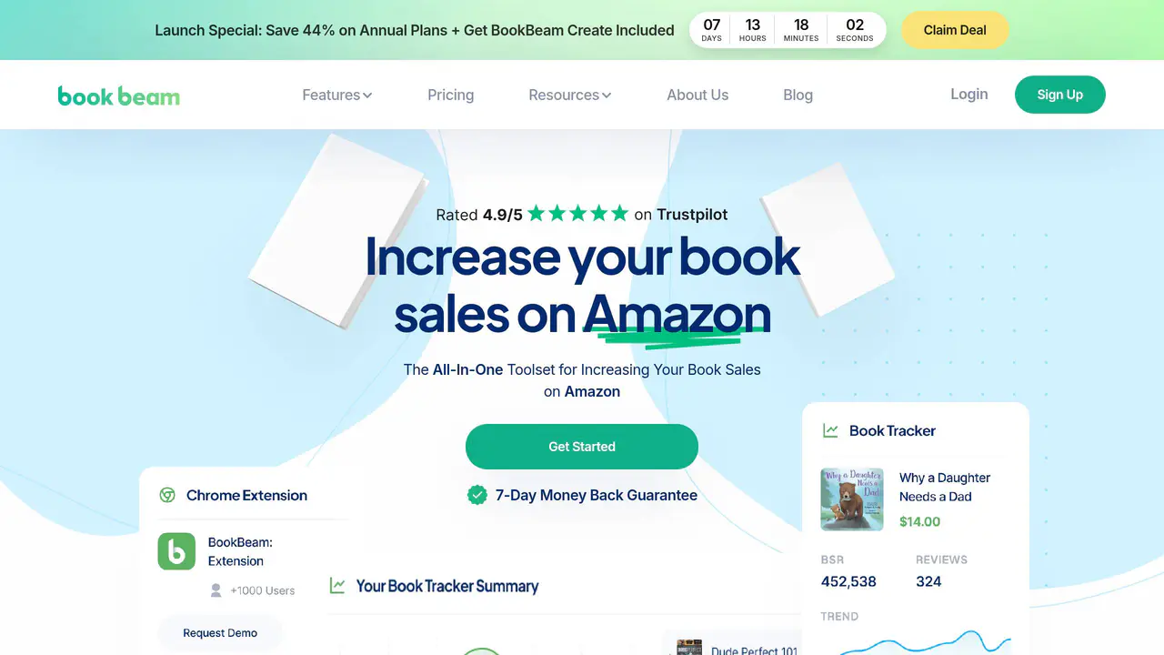 Homepage preview of BookBeam, captured Jul 24, 2026