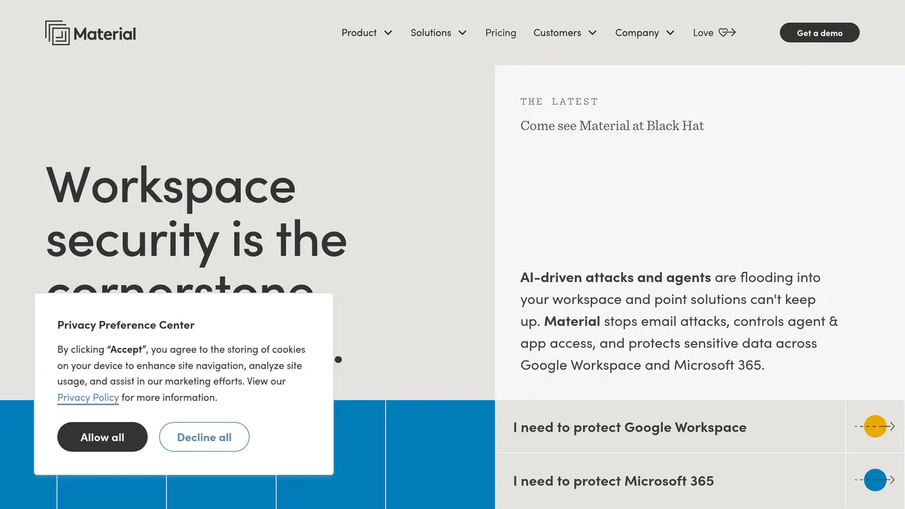 Homepage preview of Material Security, captured Jul 23, 2026