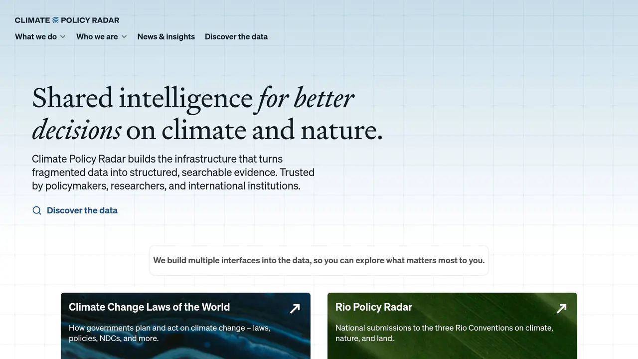 Homepage preview of Climate Policy Radar, captured Aug 29, 2026