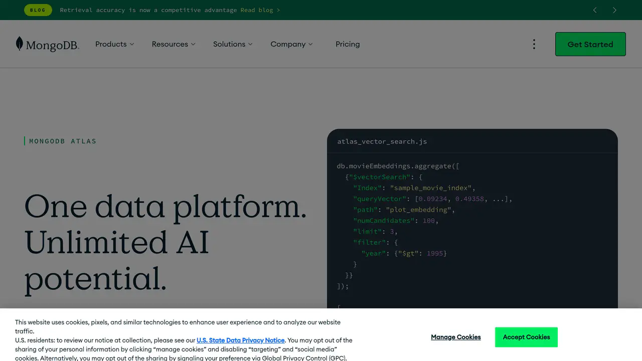 Homepage preview of MongoDB Atlas Vector Search, captured Jul 26, 2026