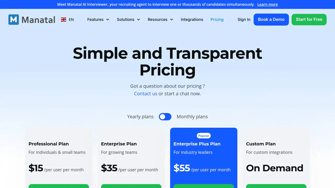 Pricing-page preview of Manatal, captured Jul 23, 2026