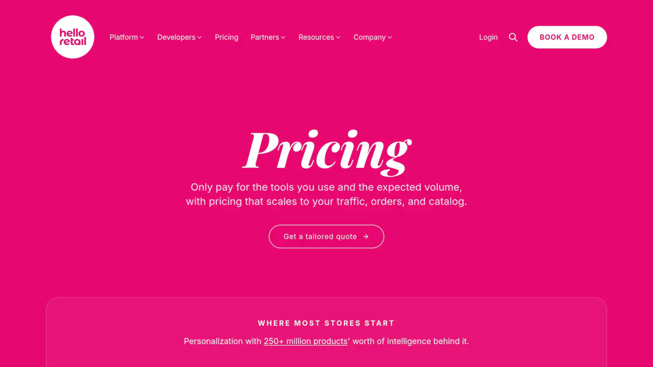 Pricing-page preview of Hello Retail, captured Aug 16, 2026
