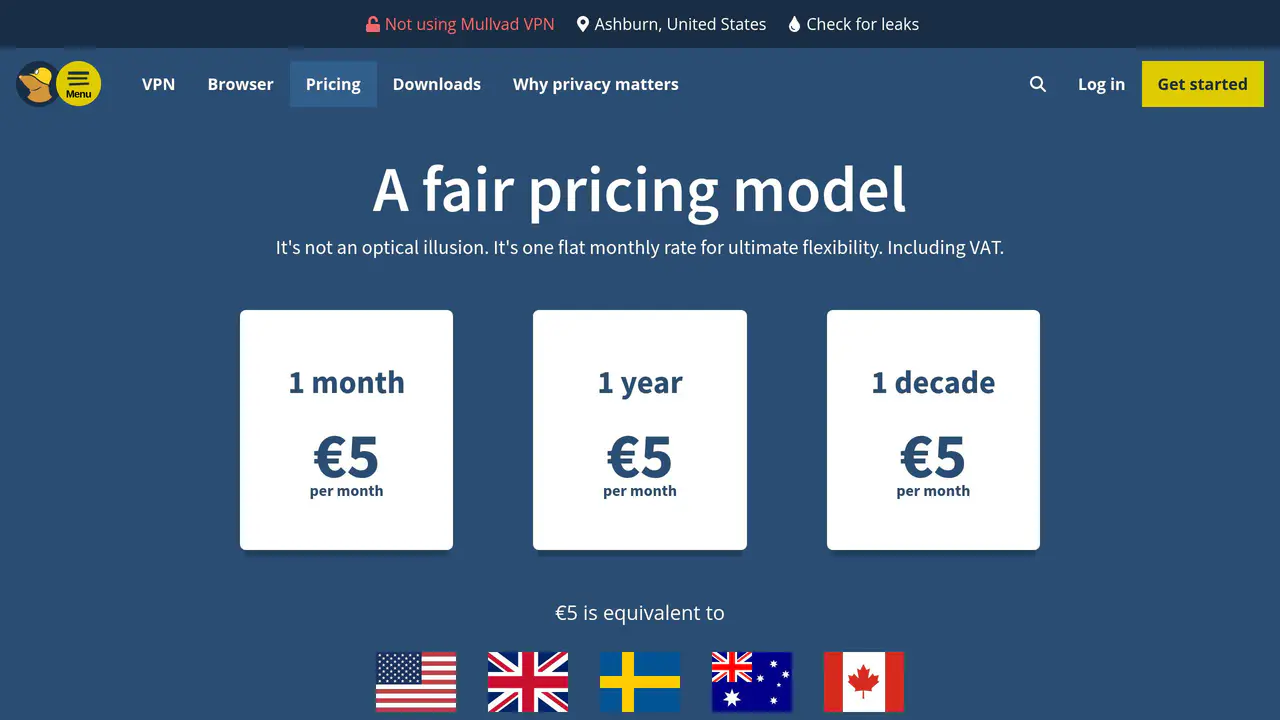 Pricing-page preview of Mullvad VPN, captured Aug 16, 2026