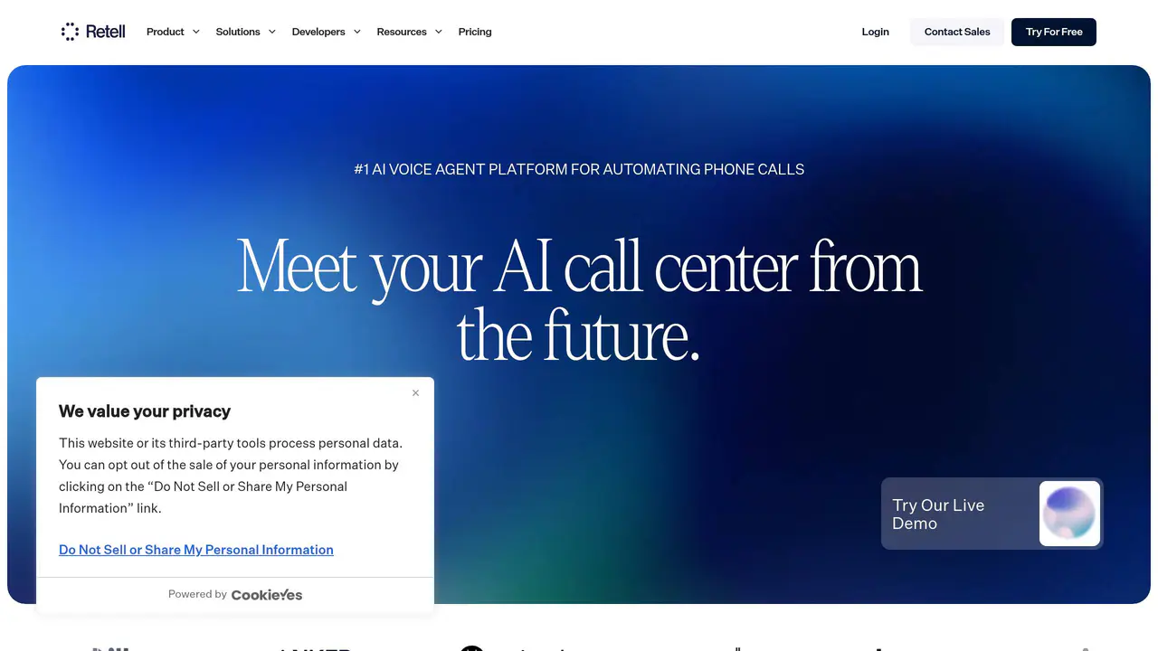 Homepage preview of Retell AI, captured Aug 20, 2026